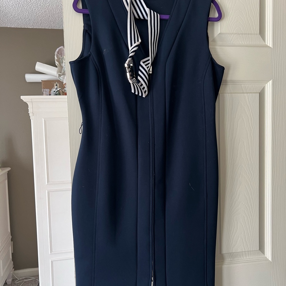 Elegant Navy Dress with Striped Belt